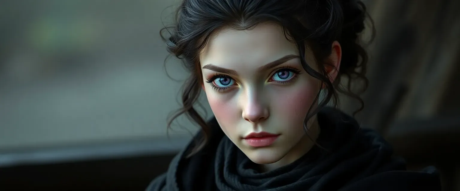 15-year-old Fiona, a witch and vampire, with pale skin, violet eyes, dark curly hair in a bun, wearing layered dark clothes.