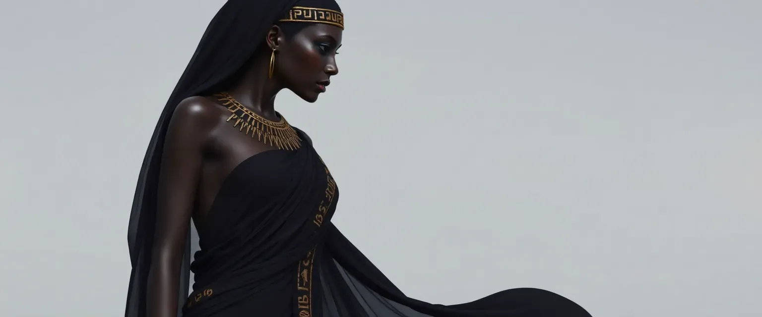 Ancient Egyptian vampire woman with ebony skin, slender figure, and flowing black linen gown with gold hieroglyphs.