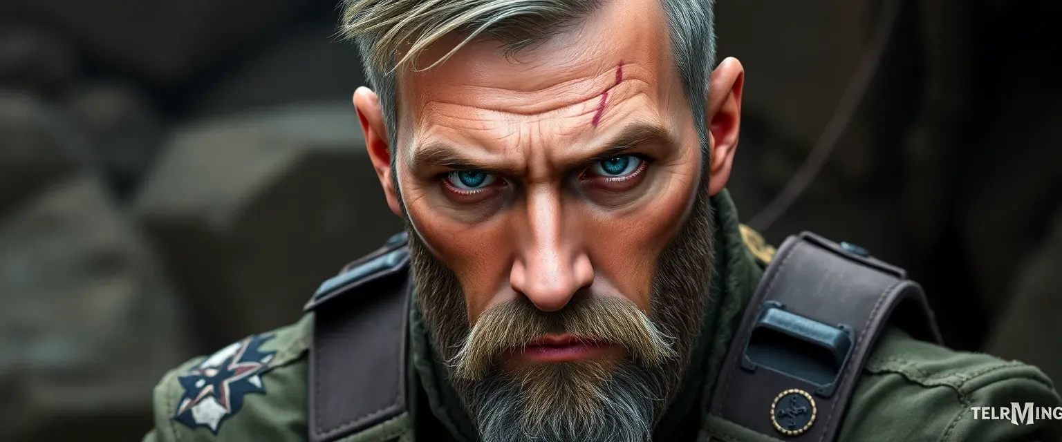 Rugged man in his late 30s, scar on left cheek, wearing a tattered Helldiver uniform, piercing blue eyes.