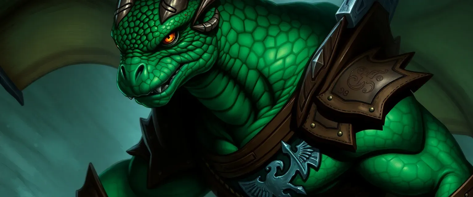 Emerald-scaled Dragonborn barbarian, muscular, leather armor with Griffon symbol, gold eyes, battle scars.