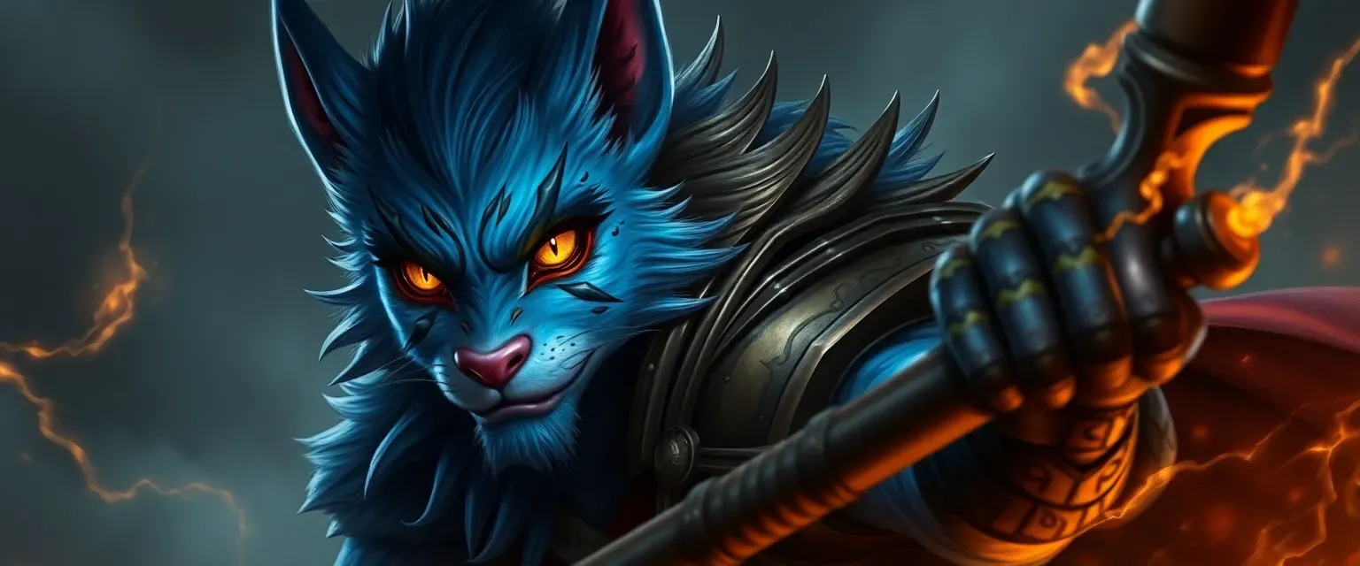 Leonin warlock with deep blue fur, golden eyes, and battle scars, wearing armor and wielding a crackling staff.