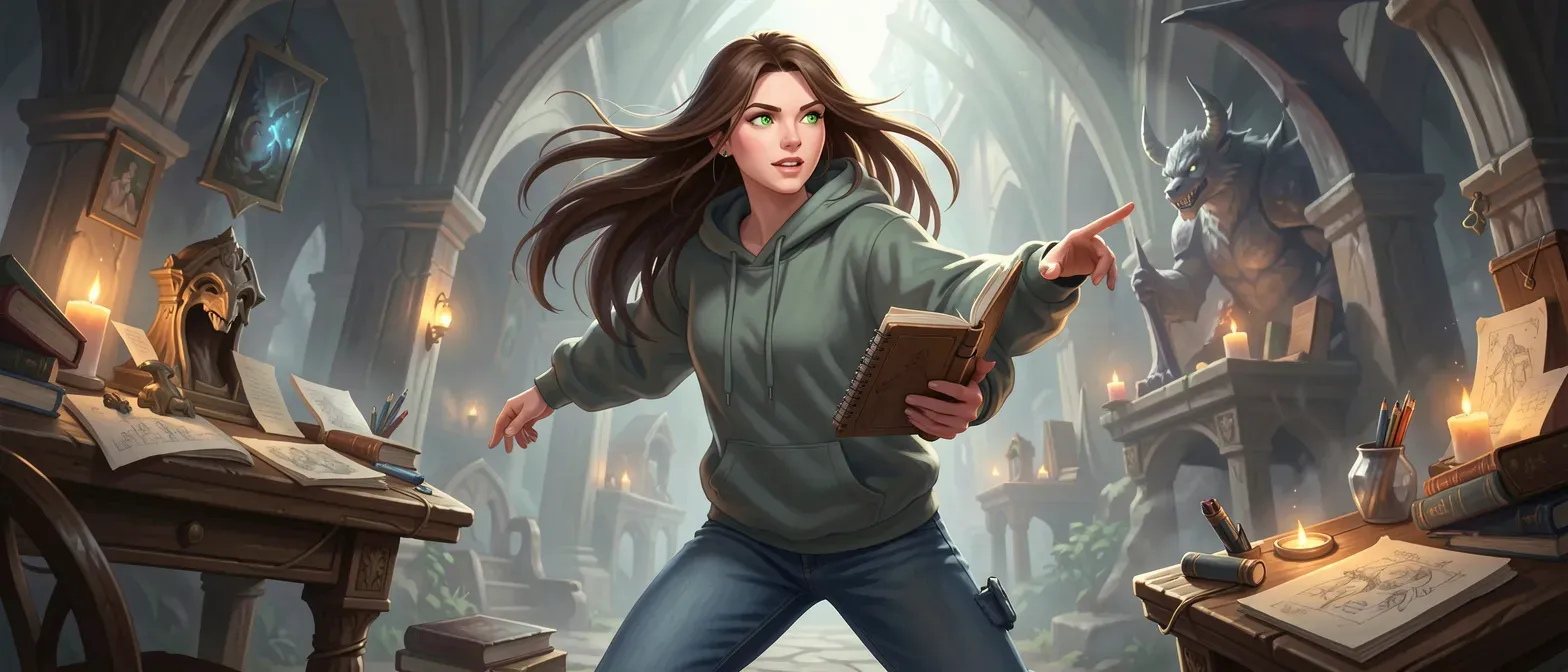 20-year-old slim Canadian woman with long brown hair, green eyes, wearing oversized hoodie and jeans, carrying a sketchbook.