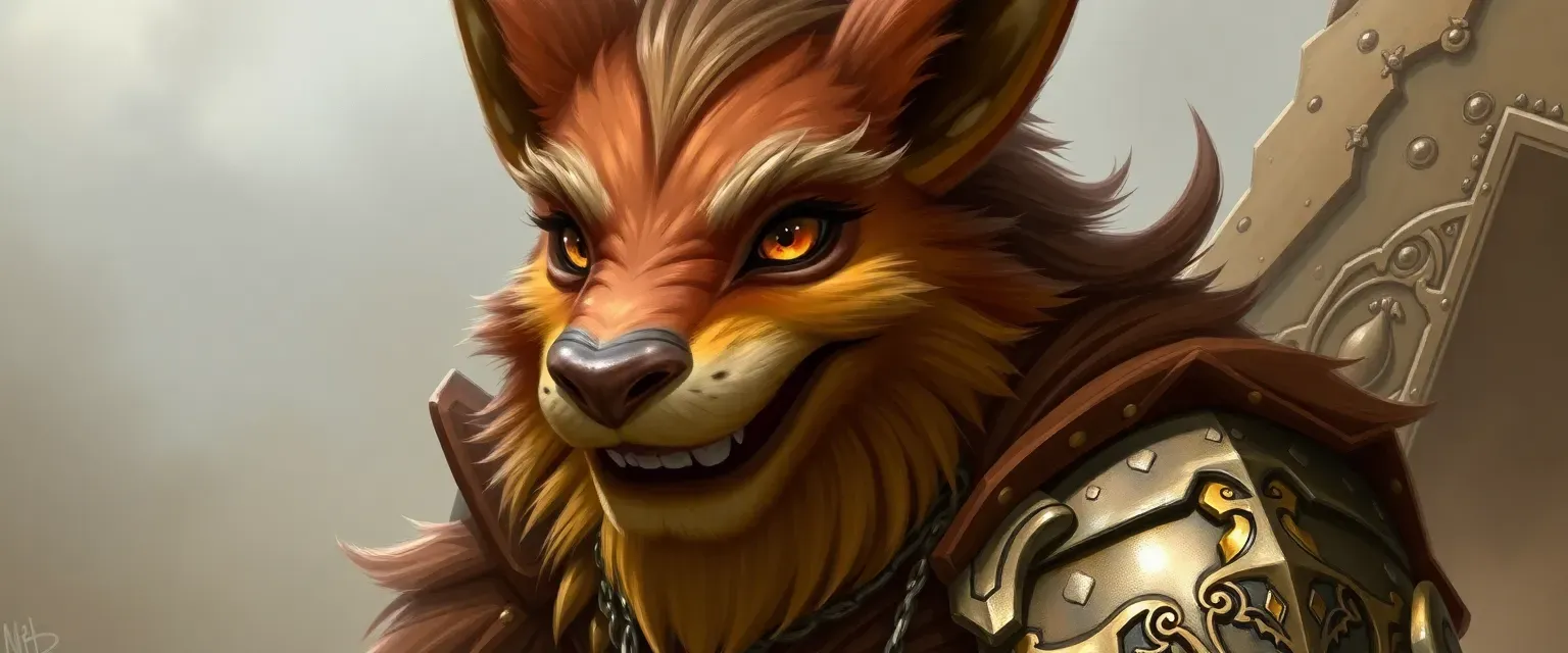 A Hadozee Illrigger with groomed fur of browns and golds, wearing ornate armor, sharp eyes, and a charming smile.