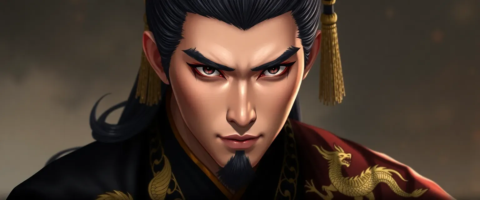 23-year-old Emperor Jun with long black hair, sharp eyes, wearing an imperial robe with dragon and phoenix embroidery.