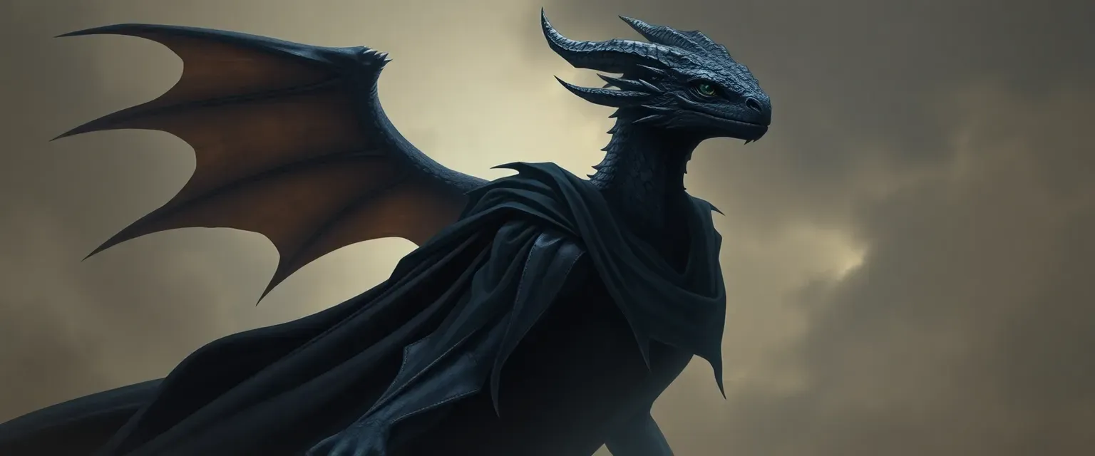 A blind, black female dragon with a cloak of shadows, embodying kindness and power.