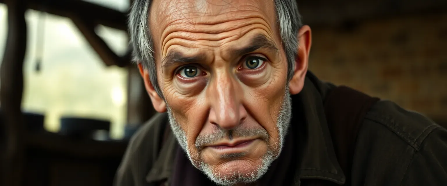 Late 40s man, weary and hunched, with deep-set, haunted eyes, dressed in simple, worn stableman's clothes.