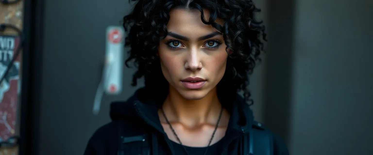 Tall, lean 21-year-old with jet-black curls and deep-set eyes, dressed in dark urban and tactical gear.