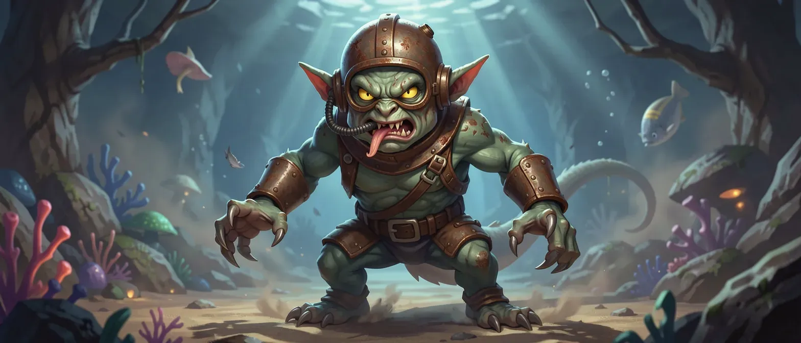 A scaled Deep Sea Kobold in a rusty diving helmet, with clawed hands and a hissing accent, standing short with predatory eyes.