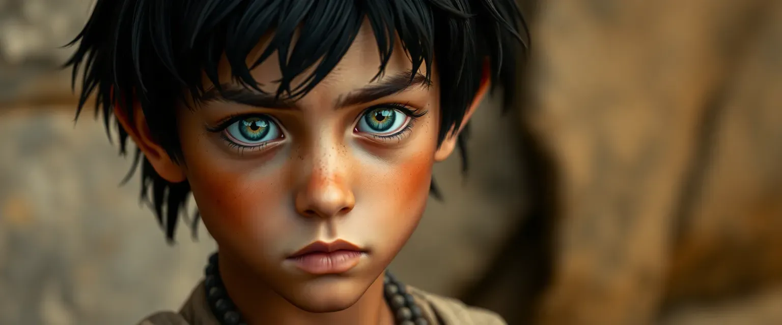 Young Trennixan boy, tan skin, black hair, green eyes, tattered clothes, alert expression.