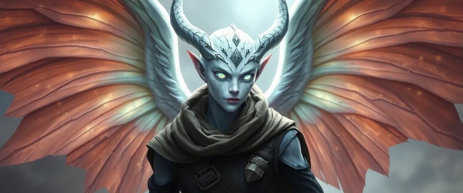 Aasimar with white skin, glowing eyes, metallic cracks, and majestic wings, dressed in traveler's garb.