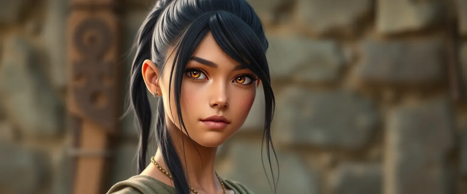 Tall 17-year-old girl with long black ponytail, tan olive skin, and golden yellow eyes with slit pupils.