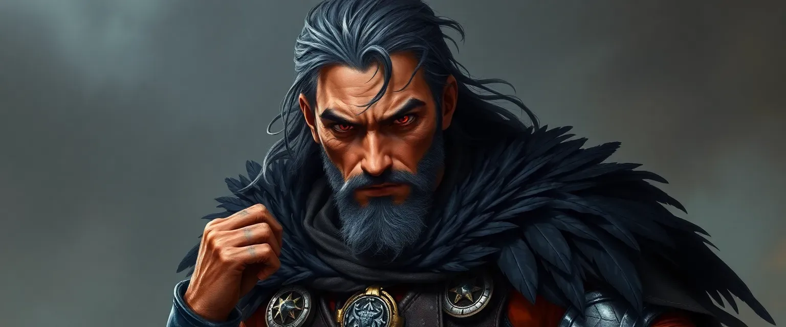Lean, 35-year-old man with weathered bronze skin, obsidian eyes, gray-streaked black hair, scarred hands, wearing layered leathers, iron plates, and raven-feather cloak with Talos talisman.