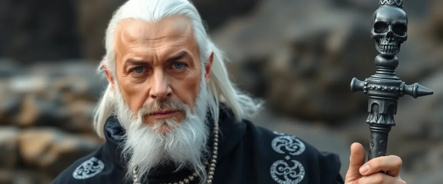 A 45-year-old man with white hair and dark eyes, wearing a black robe with silver symbols and carrying a skull-topped staff.