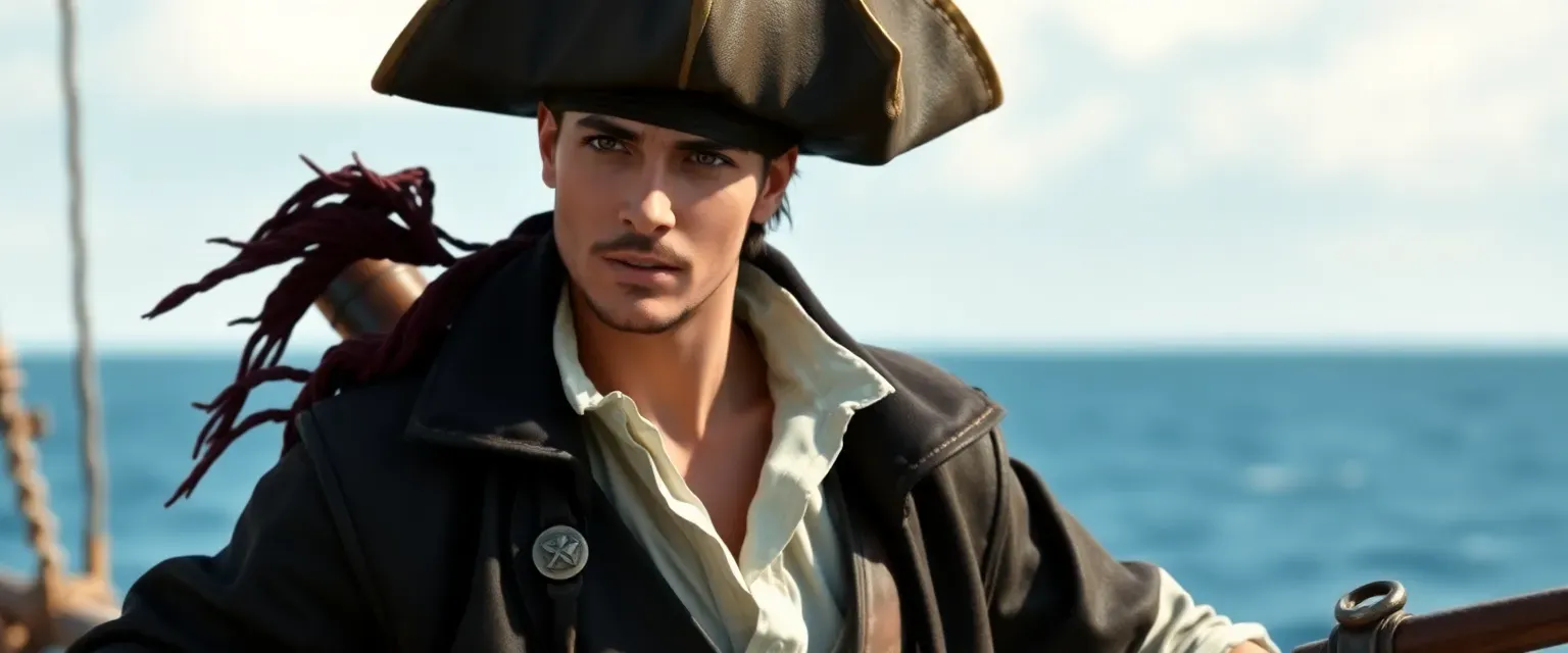 22-year-old pirate, short dark brown hair, clean-shaven, strong and agile, wearing a white shirt, pirate jacket, breeches, and hat.