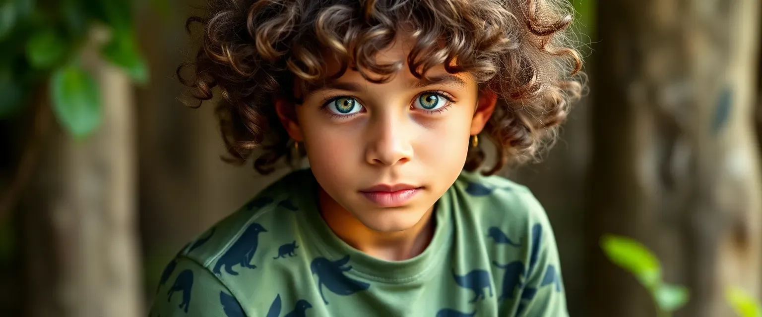 Young man with wild curly hair, vivid green eyes, wearing nature-themed t-shirt and cargo pants, mimicking chimpanzee behaviors.