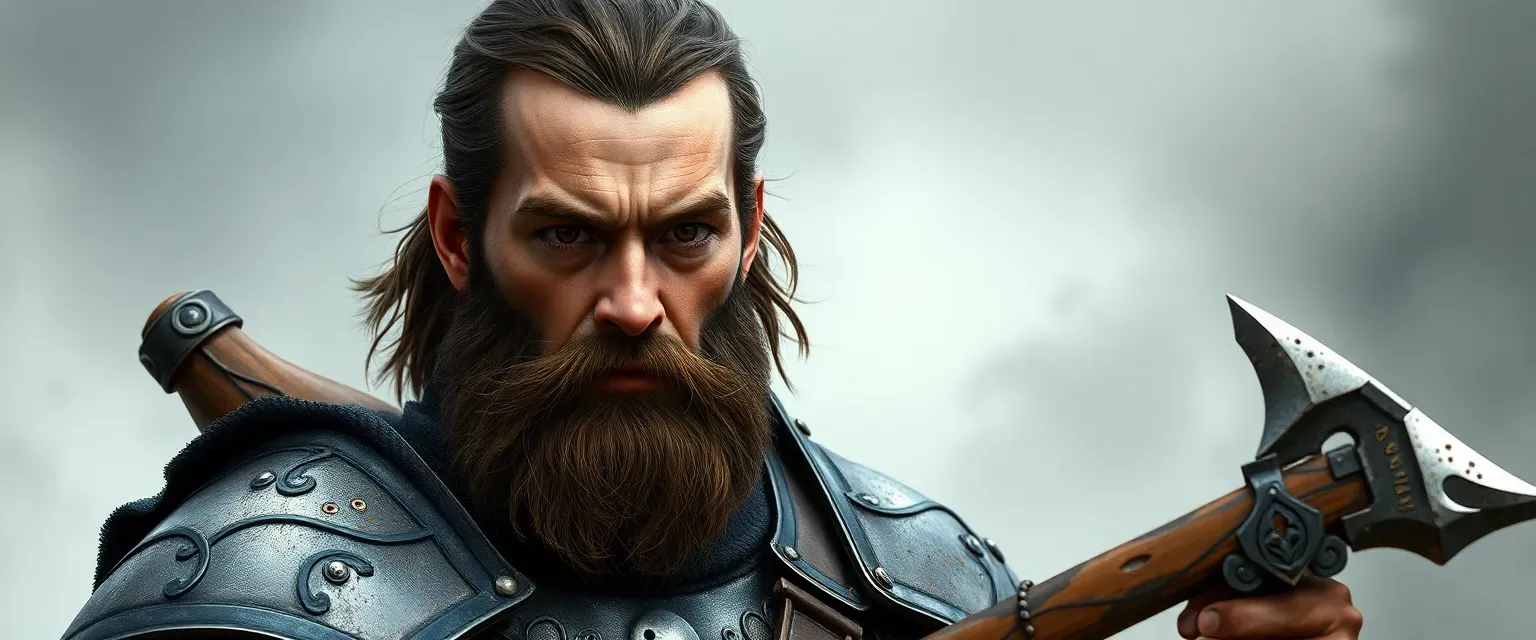 Mid-thirties knight with unkempt beard, dark eyes, and tarnished armor, carrying a broken axe.