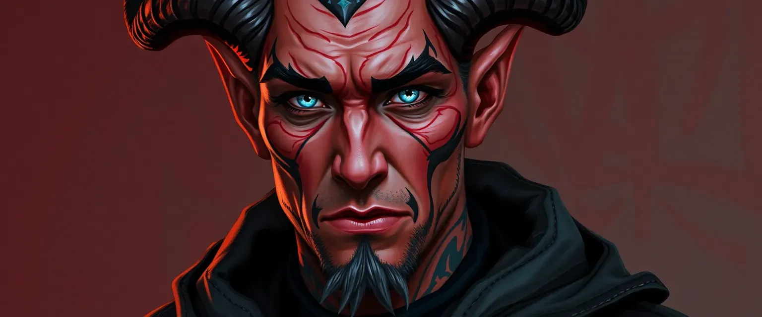 Male tiefling in his early thirties with crimson skin, intricate tattoos, ice-blue eyes, and curved horns, wearing dark, embroidered tunics and a lined cloak.