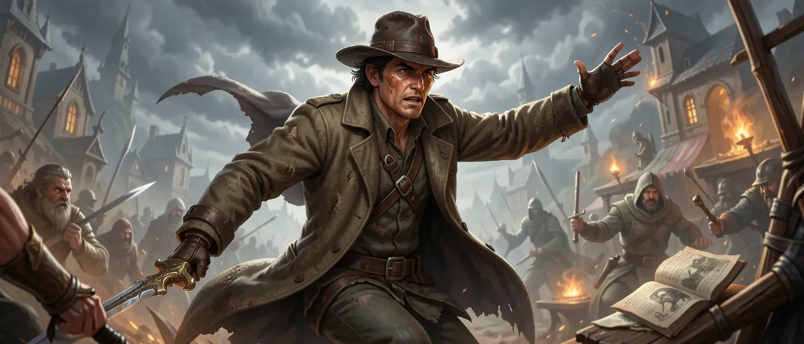 25-year-old lean man with sun-browned skin, dark cropped hair, weathered leather hat, faded wool coat, and storm-cloud eyes.