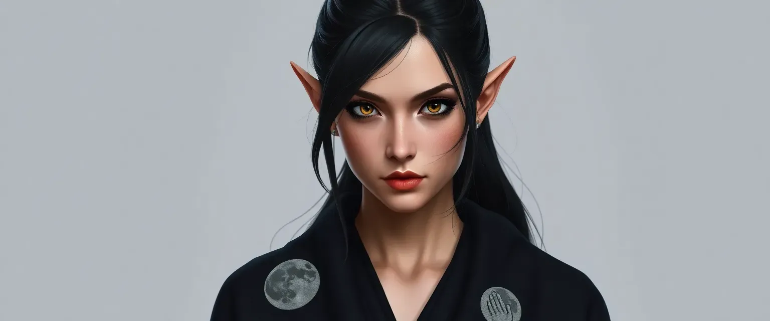 A 38-year-old half-elf woman with black-dyed hair and black eyes, wearing a dark robe with moon and hand motifs, embodying a monk and Druid.