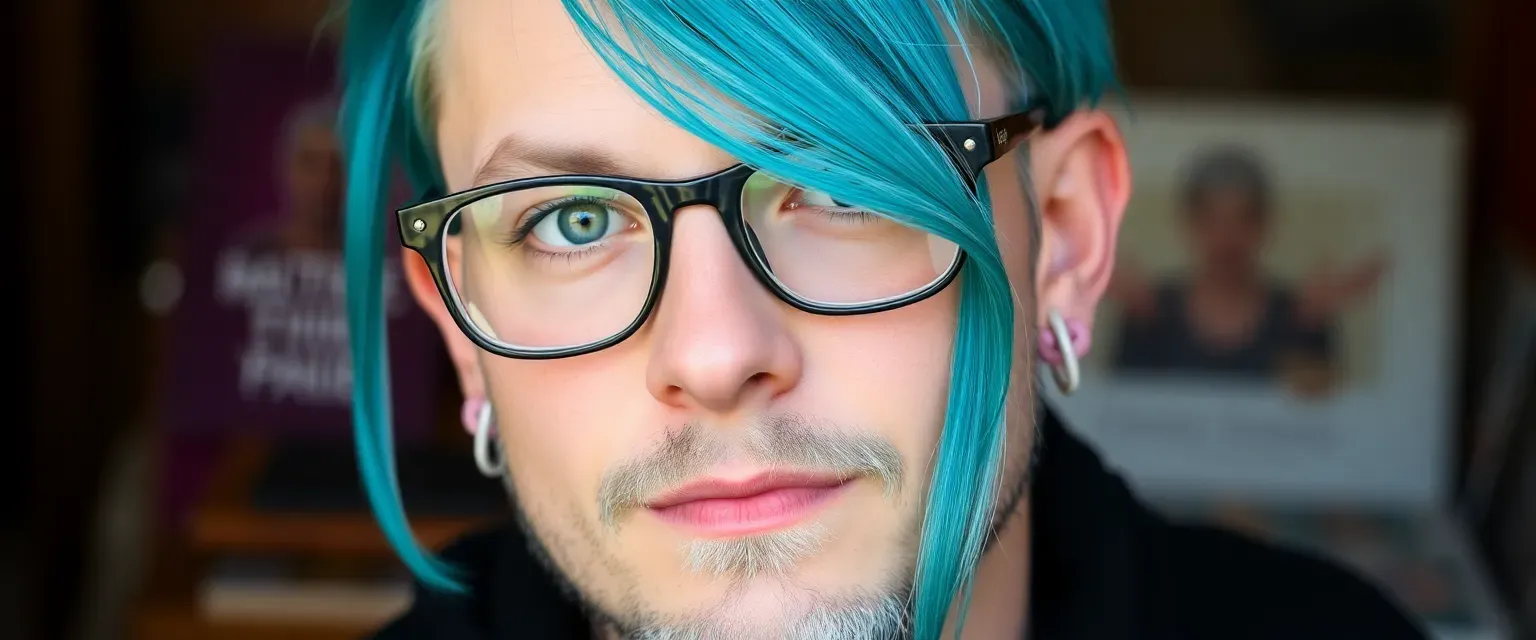 Early 30s man with teal hair extensions, eclectic glasses, light blue goatee, green and amber eyes, stretched earlobes with pink tunnels and bow earrings.