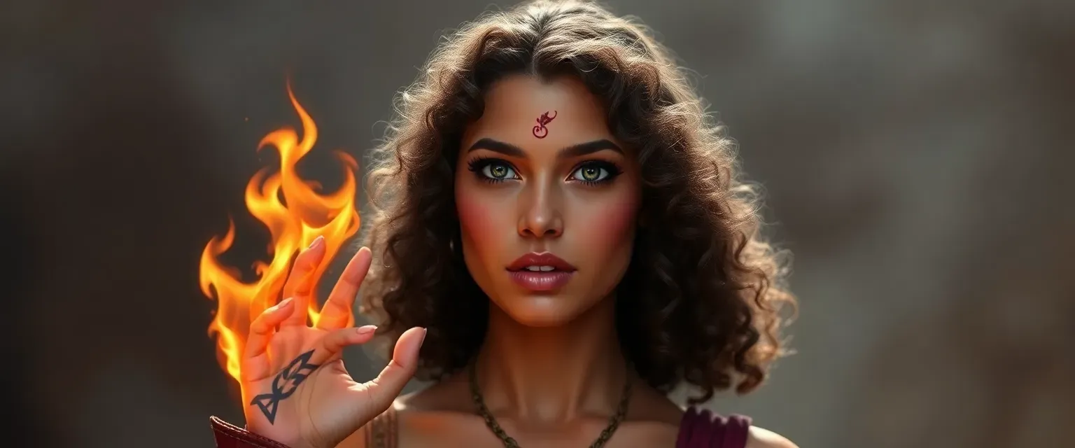 24-year-old woman, mixed race, curly chest-length hair, brown eyes, small birthmark on forehead, fire powers activated by hand tattoo, 5ft 4.