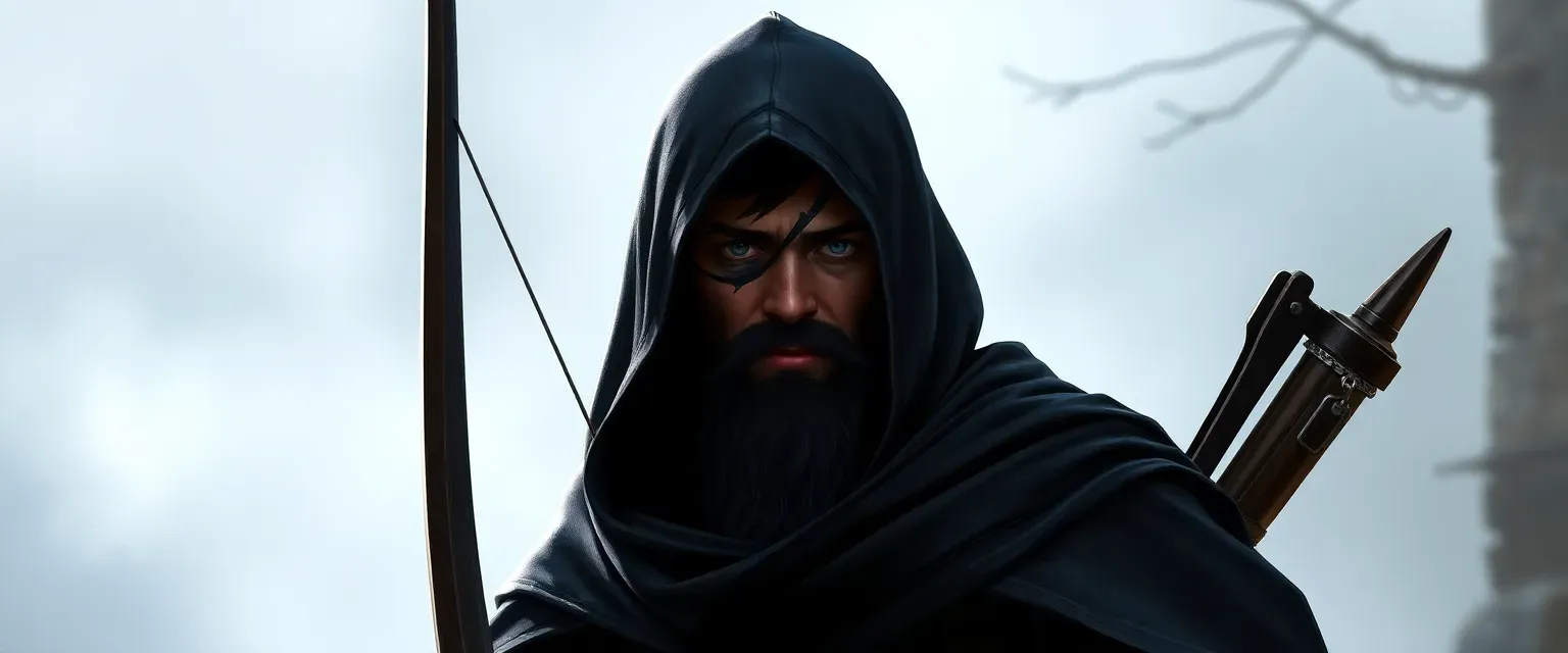 Tall man with dark hair, small beard, black cape, hooded, one eye scarred shut, carrying a short bow and quiver.