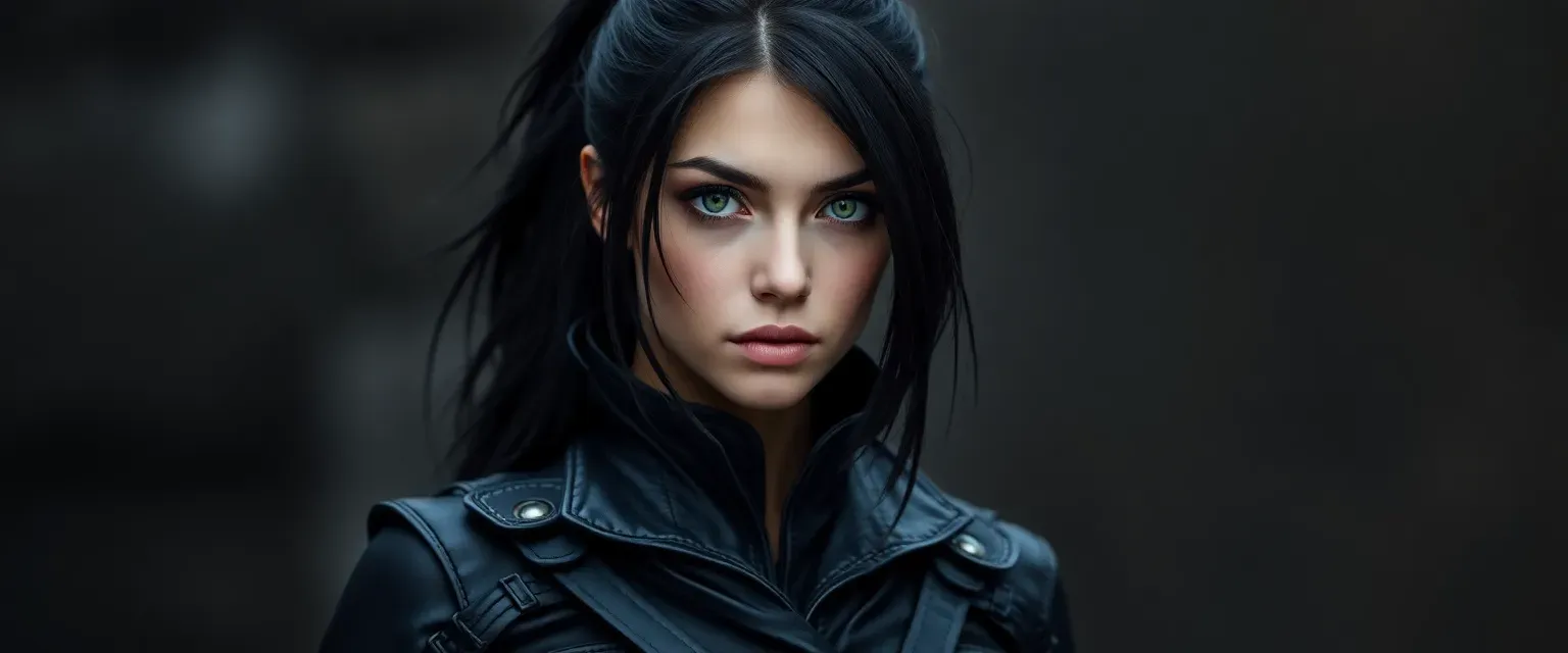 25-year-old woman with raven-black hair in a ponytail, piercing green eyes, wearing dark leather assassin's attire.