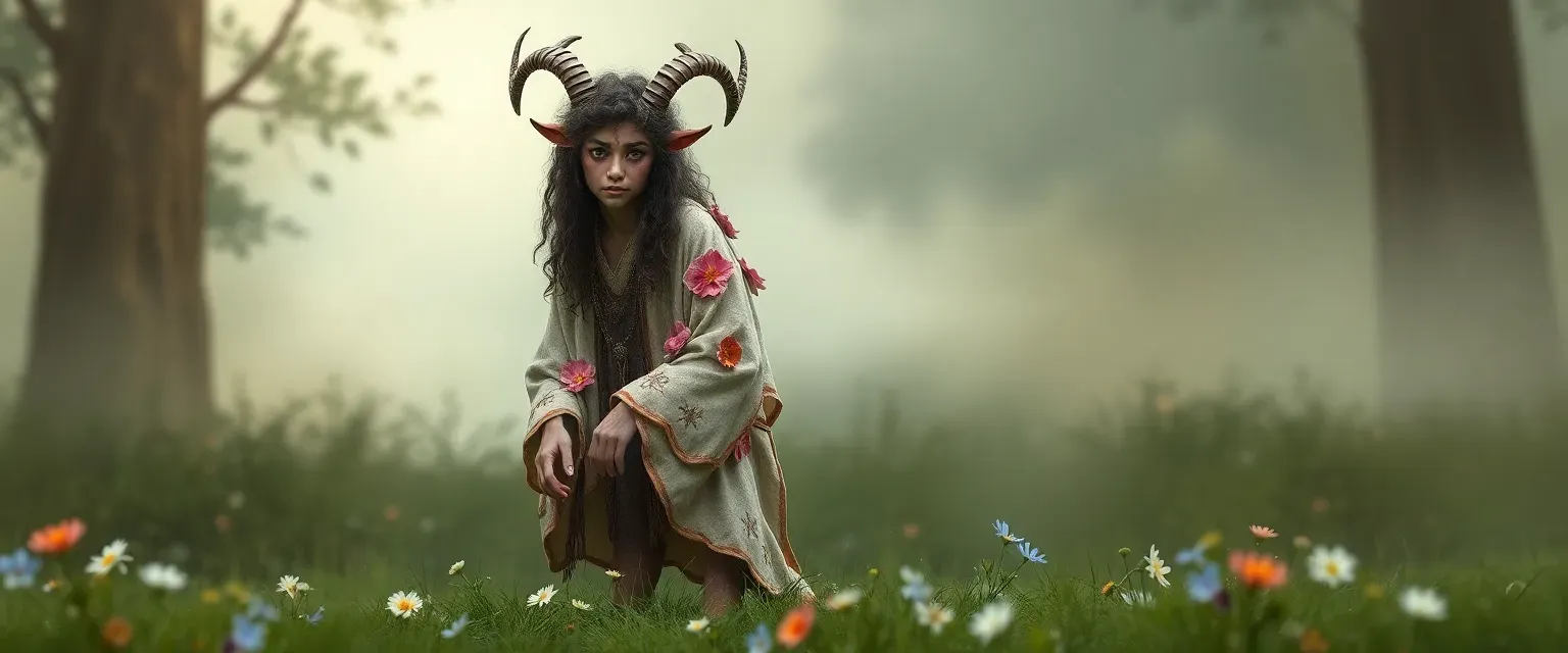 Faun with curly hair and goat legs, wearing ceremonial robes adorned with wildflowers.