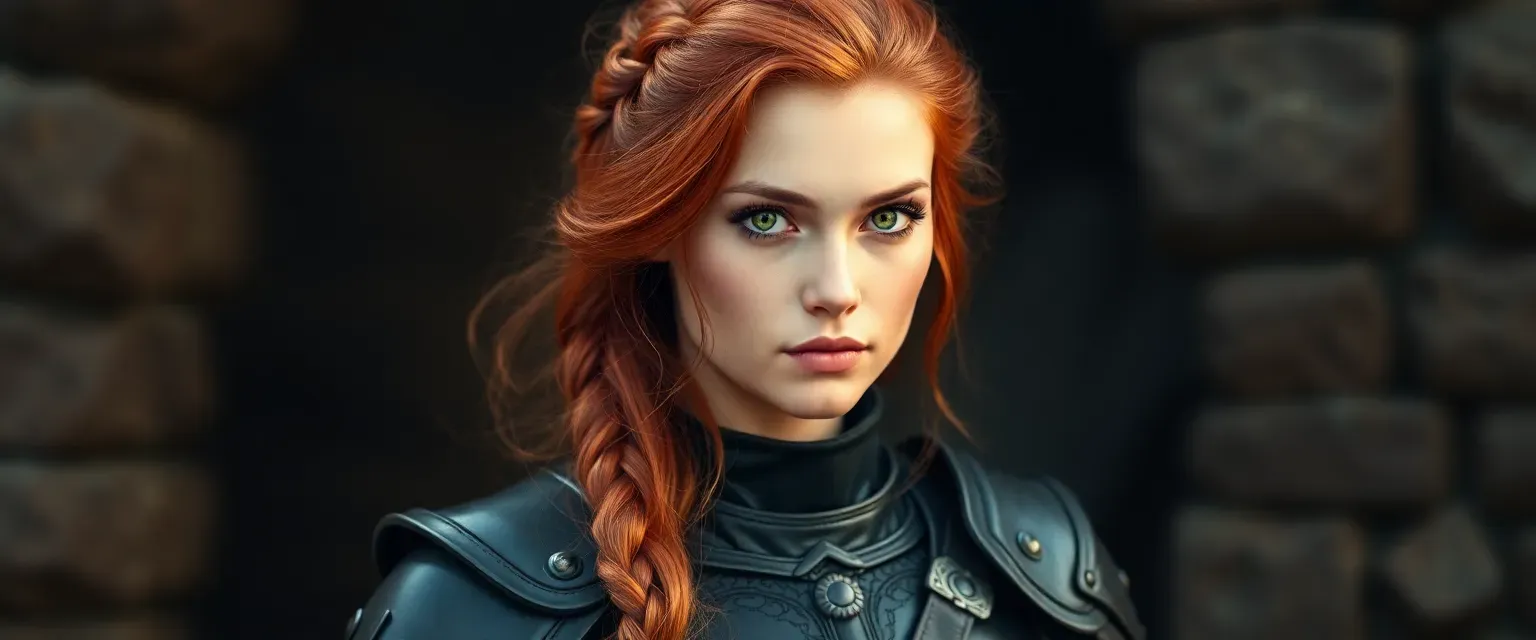27-year-old woman with fiery red hair in a braid, emerald green eyes, dressed in dark leather armor.