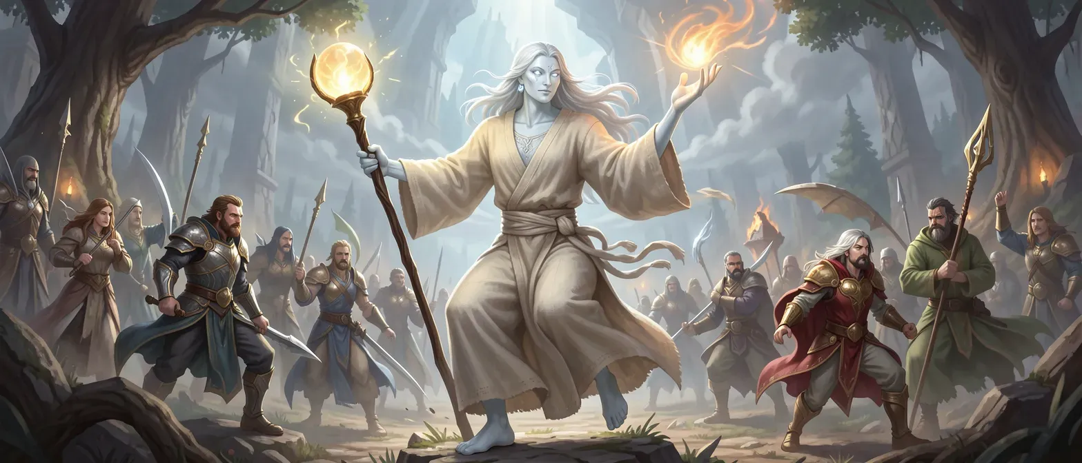 Timeless god with luminous marble skin, silver eyes, long white hair, simple linen robes, and a staff with glowing orb; serene and scholarly appearance.