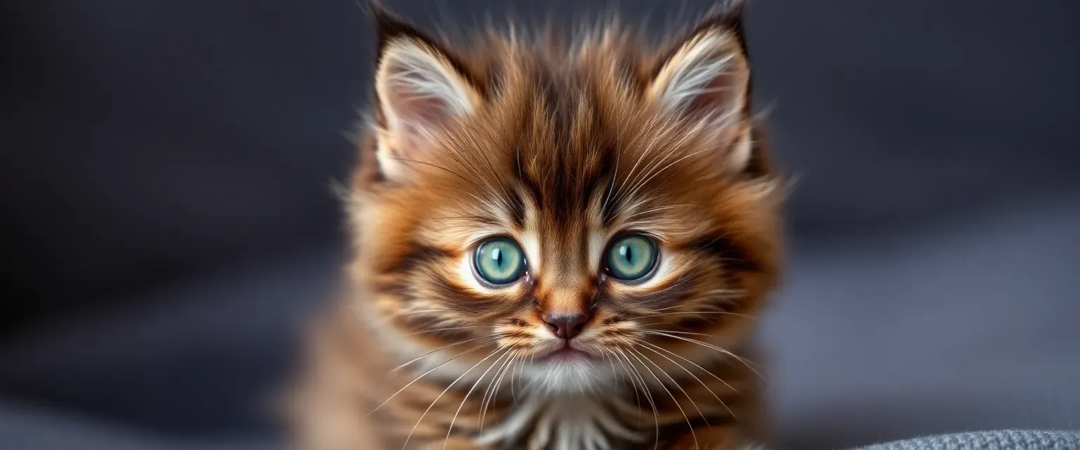 Small fluffy kitten with chocolate-brown fur and vibrant emerald green eyes, playful and mischievous.