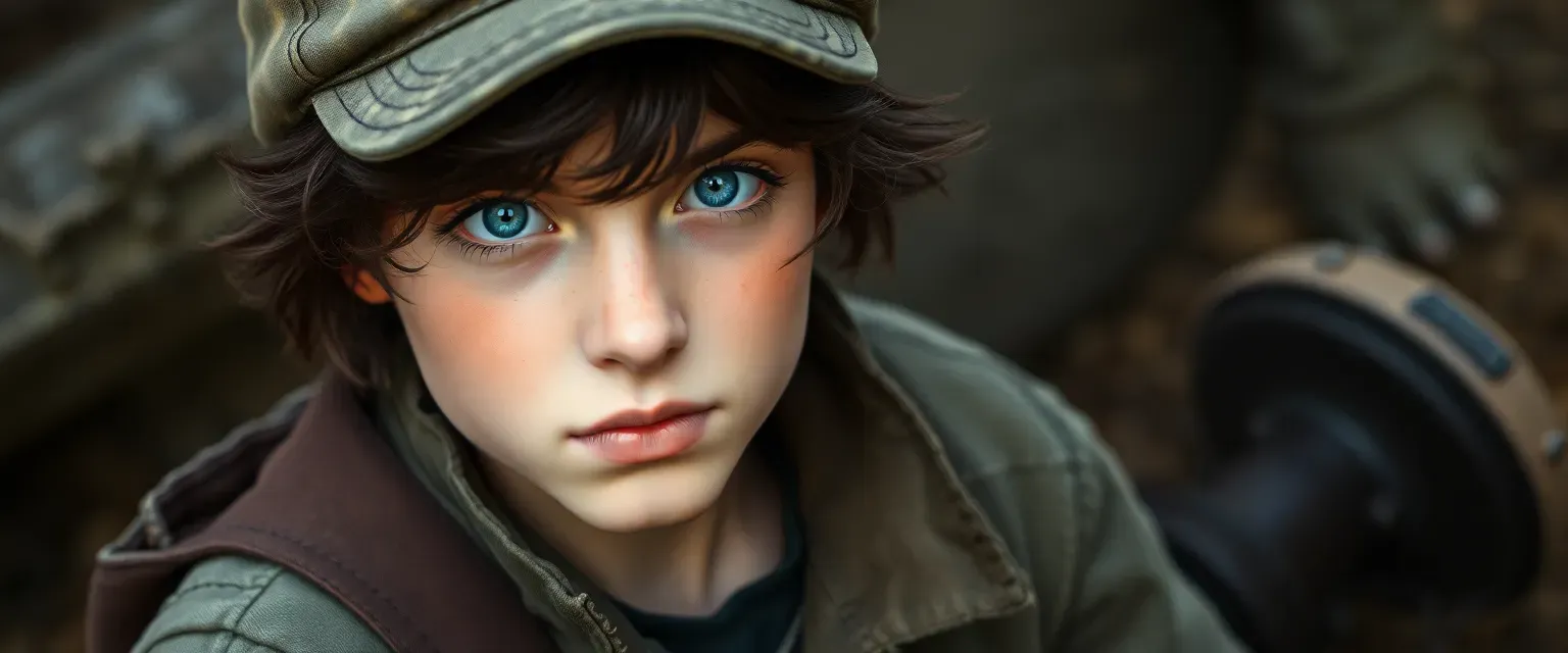 Seventeen-year-old boy with piercing blue eyes, dark brown tangled hair under a faded cap, wearing a patched jacket and sturdy boots.