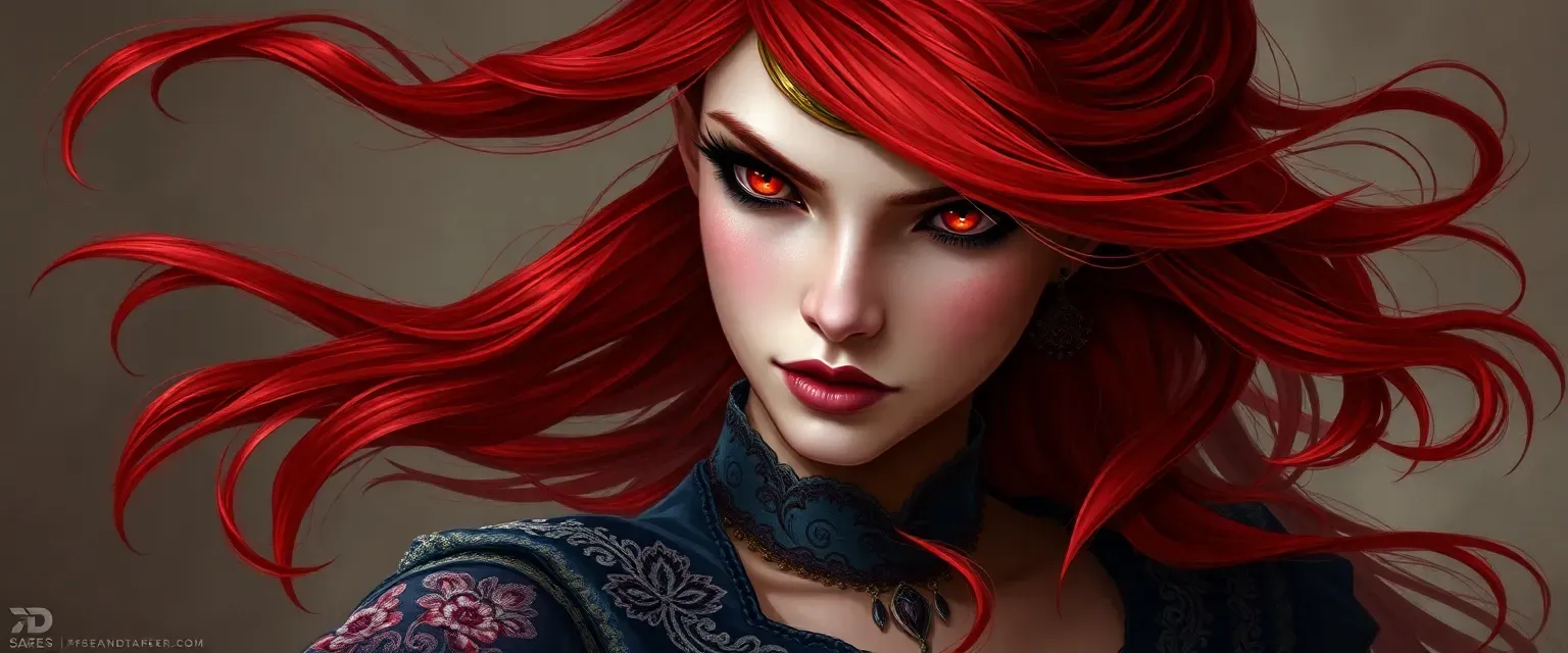 Young Dhampir woman with flowing red hair and piercing ruby eyes, dressed in elegant, embroidered silks.