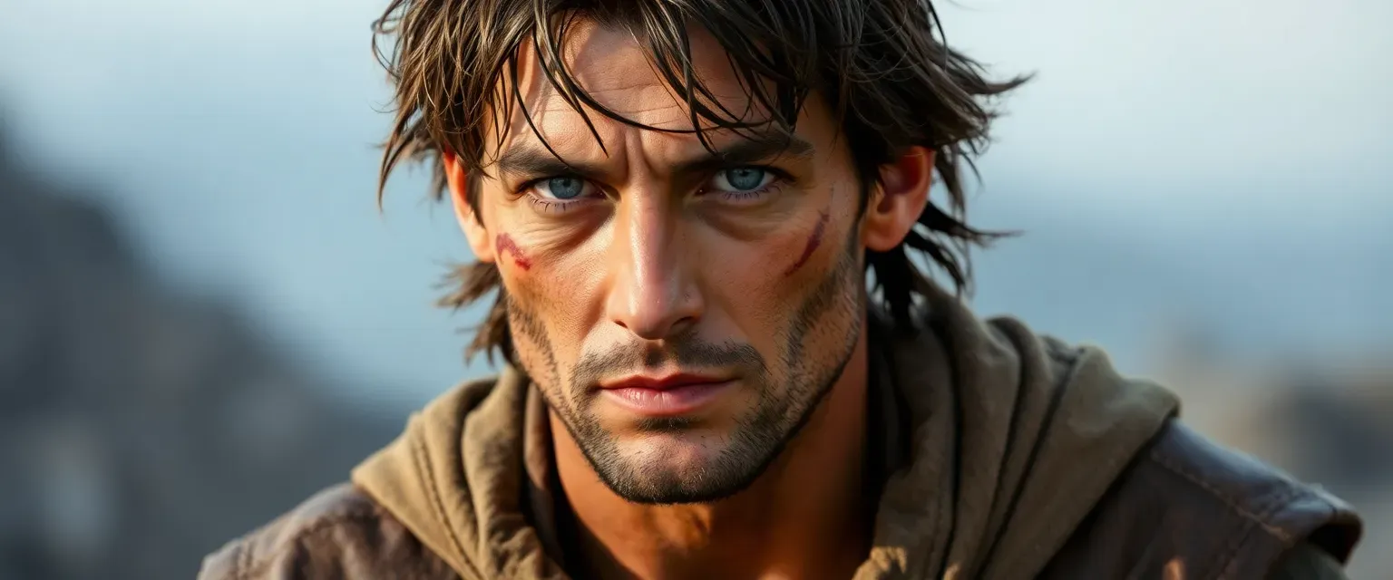 Man in his late thirties, gray eyes, dark brown tangled hair, lean build, scar on left cheek, wearing worn leather and faded fabric.