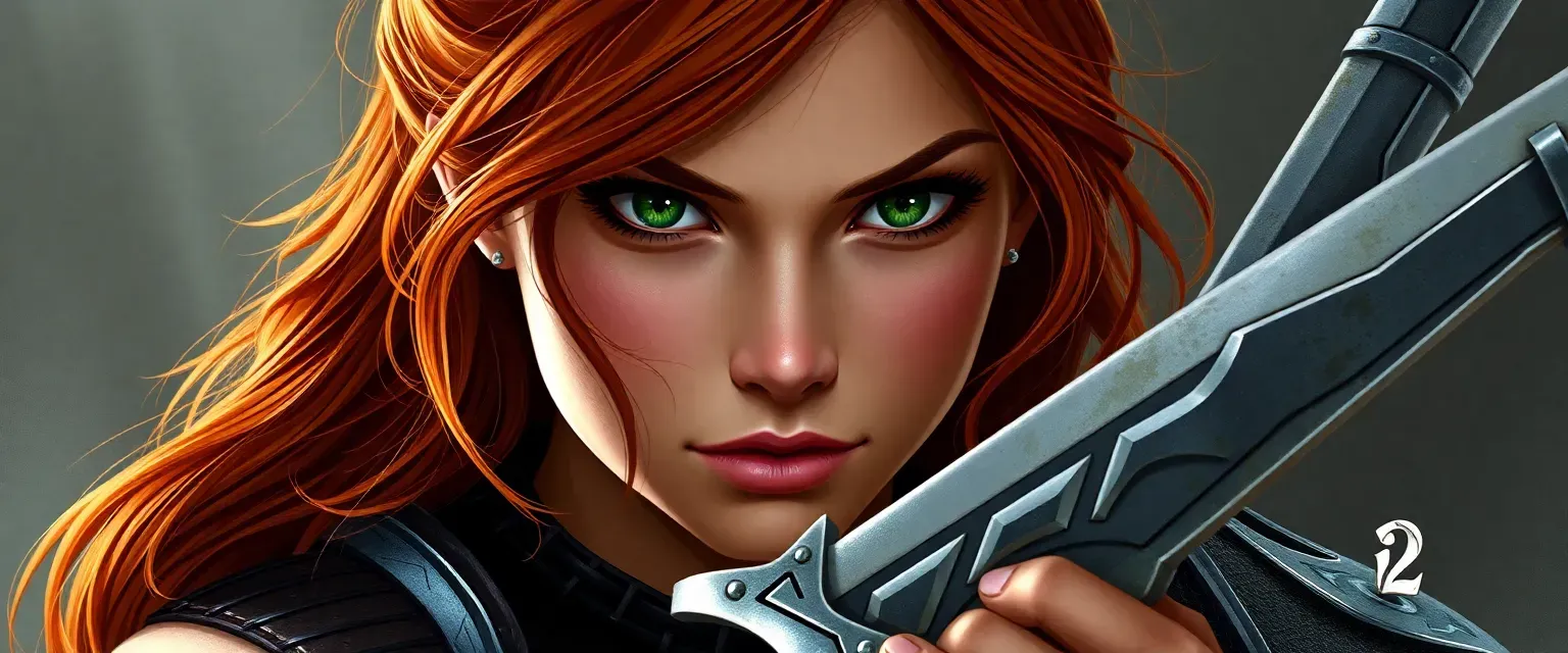 Young woman, caramel skin, auburn hair, green eyes, half plate armor, sword, determined expression.