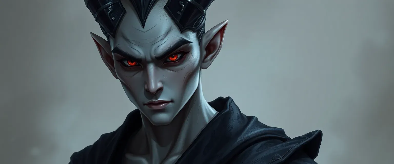 Young male demon with pale skin, obsidian eyes, slender build, wearing traditional demon attire.