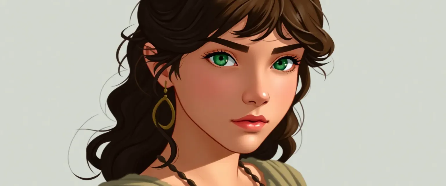 14-year-old girl with sun-kissed skin, dark wavy hair, green eyes, wearing a simple chiton.