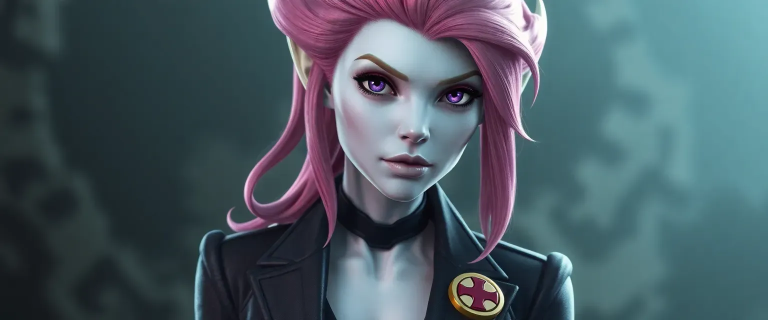 Alien woman, 32, with porcelain white skin, pink hair, violet eyes, wearing a dark gray suit with GDWA insignia.