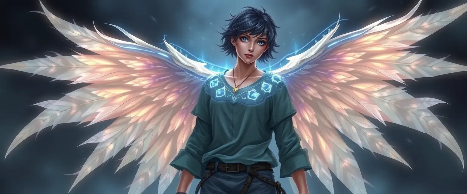 Ethereal archangel with shifting forms, dark short hair, casual attire, deep blue eyes.