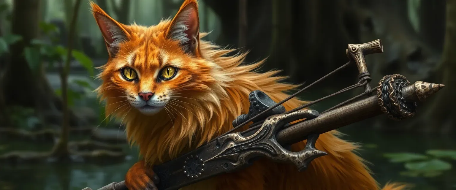 Tabaxi with long, matted orange fur, piercing yellow eyes, carrying a bone-carved crossbow in a swampy setting.