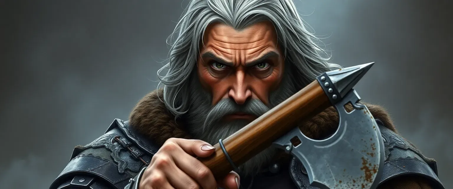 A middle-aged knight with ashen hair and gray eyes, wearing worn armor, clutching a broken axe spike.