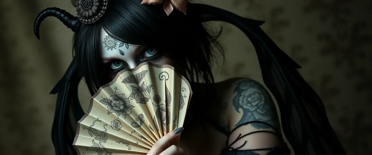 Enigmatic figure with multiple eyes, one side covered in tattoos, holding a decorative fan, wearing a bow choker and ripped tights.