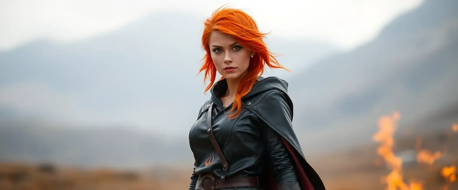 Mid-thirties woman with fiery hair, amber eyes, leather tunic with fire symbols, modern boots and cloak.