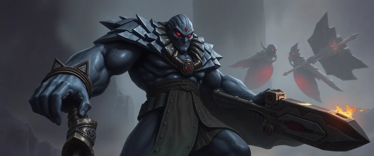 A towering figure with gray, granite-like skin, red glowing eyes, and a stone-infused cloak, wielding giant stone weapons.