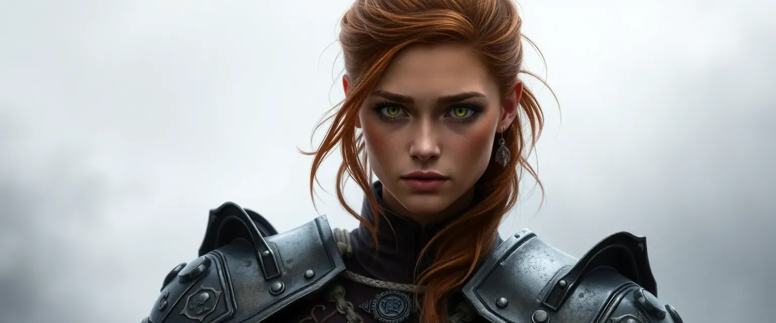 Young woman, brown skin, auburn hair, green eyes, half plate armor, haunted expression.