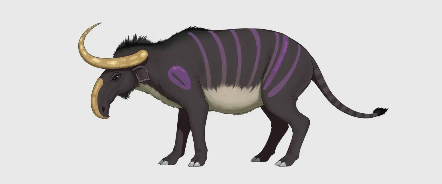 Bullish Procoptodon with grey and violet striped pelt, long drooping ears, and a whitish underbelly, standing on long legs with single hoof-like toes.