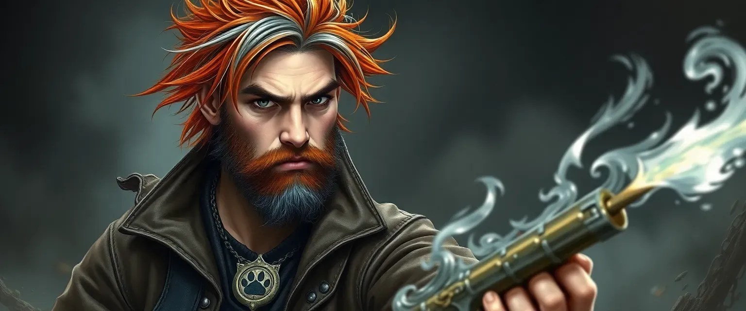 35-year-old lean sorcerer with wild auburn hair streaked silver, stormy gray eyes, scruffy beard; wears weathered leather coat, boots, and cat's paw talisman necklace.