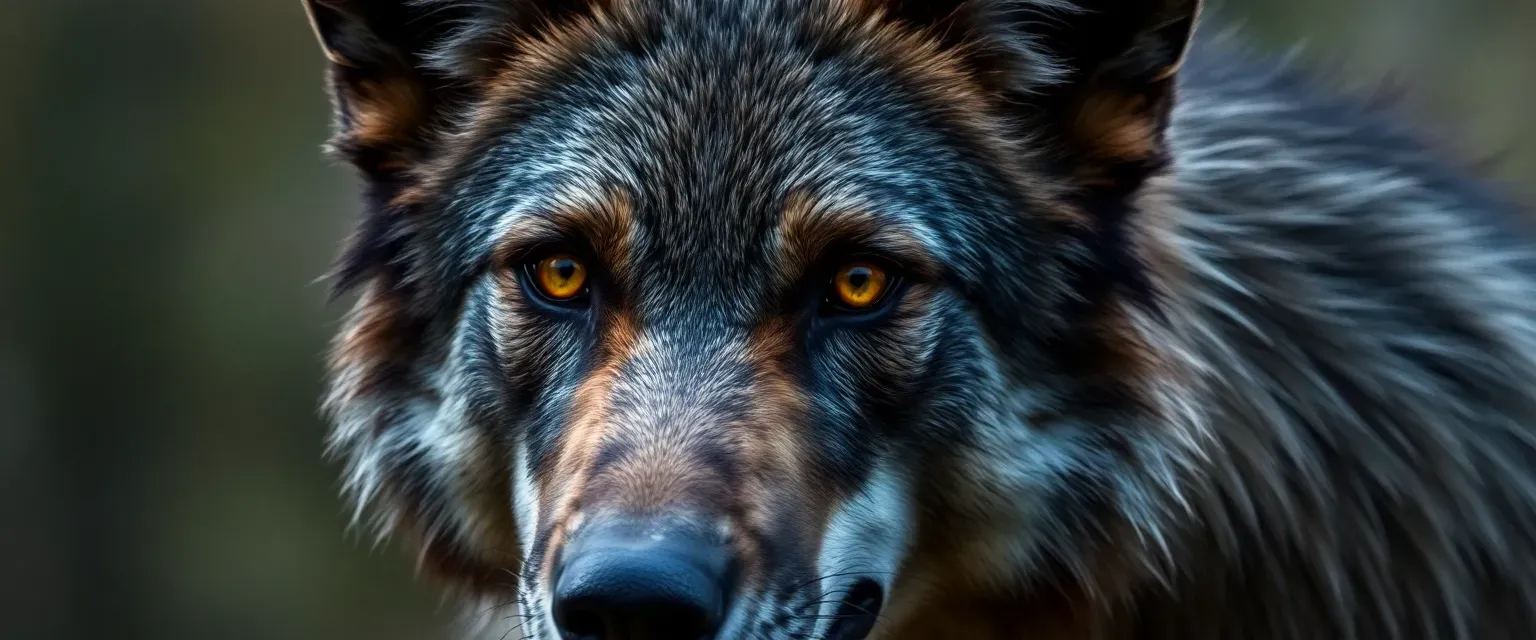 Dark gray almost brown male wolf with amber eyes, thick fur, and a strong build.