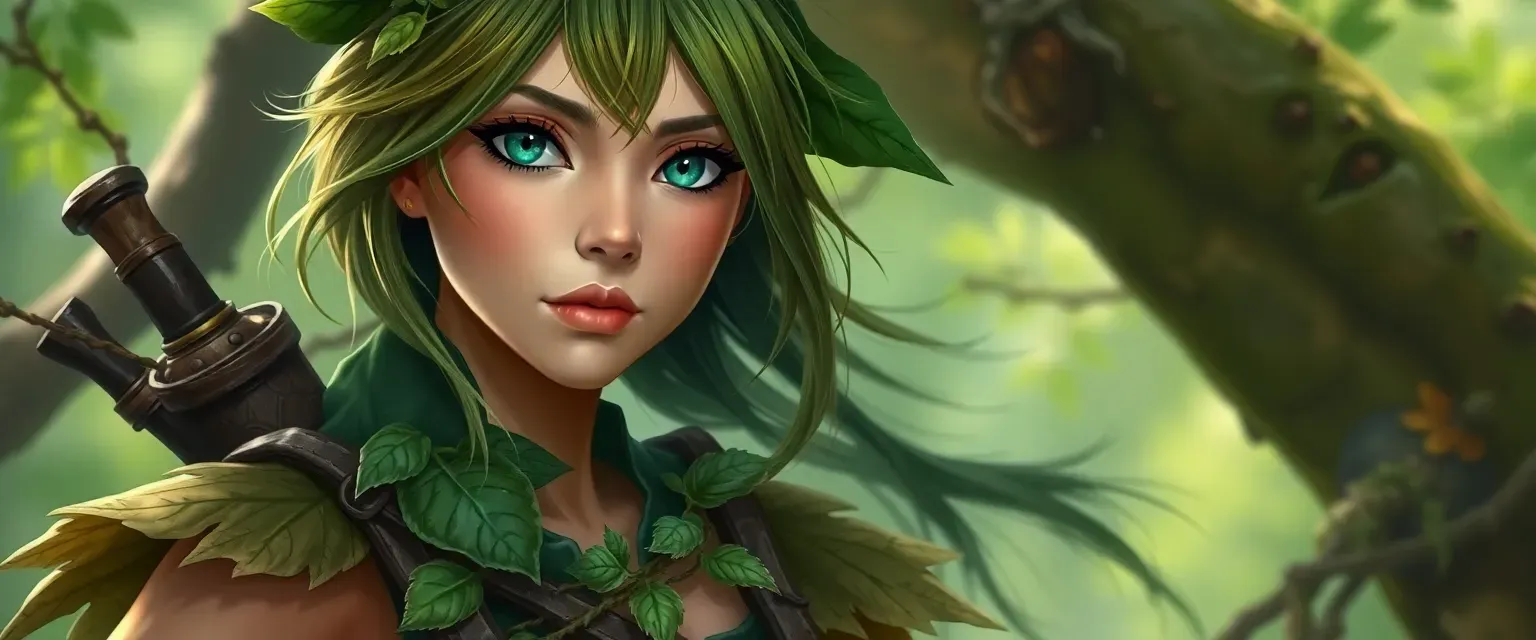 A young woman with green-brown hair and emerald eyes, wearing a leaf and bark outfit, with a bundle of herbs around her neck.