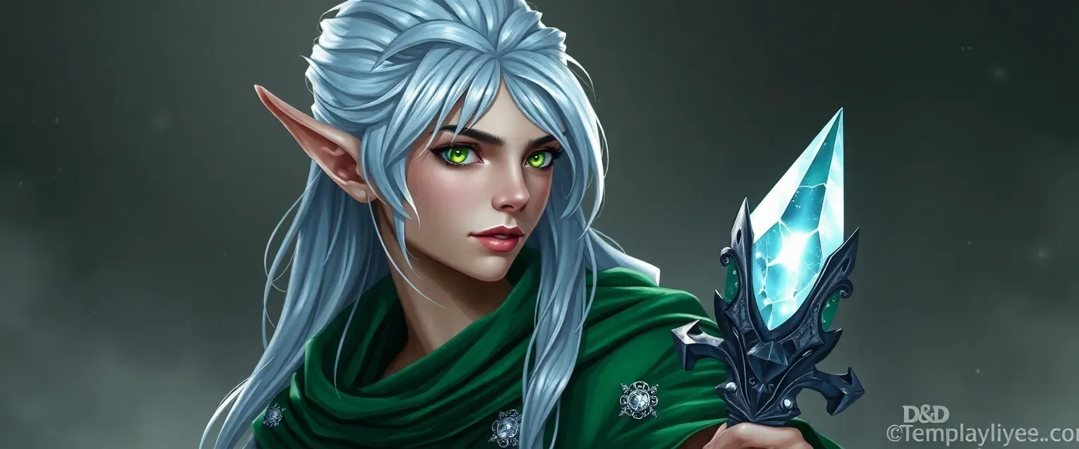 320-year-old High Elf with silver hair, green eyes, wearing a green robe with silver constellations, holding a crystal-topped staff.